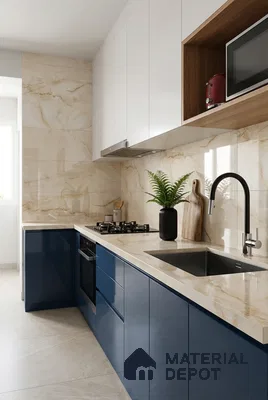 Modern kitchen with navy blue high gloss laminate, frosty white laminate, and beige marble-look backsplash tile