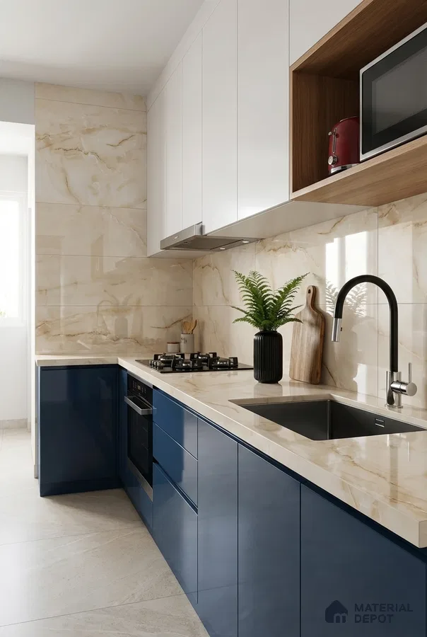Modern kitchen with navy blue high gloss laminate, frosty white laminate, and beige marble-look backsplash tile