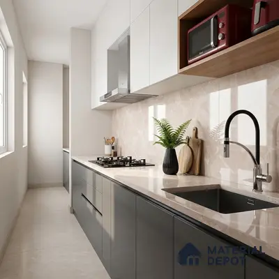 Modern parallel kitchen with glossy grey laminate, frosty white laminate, and beige marble backsplash
