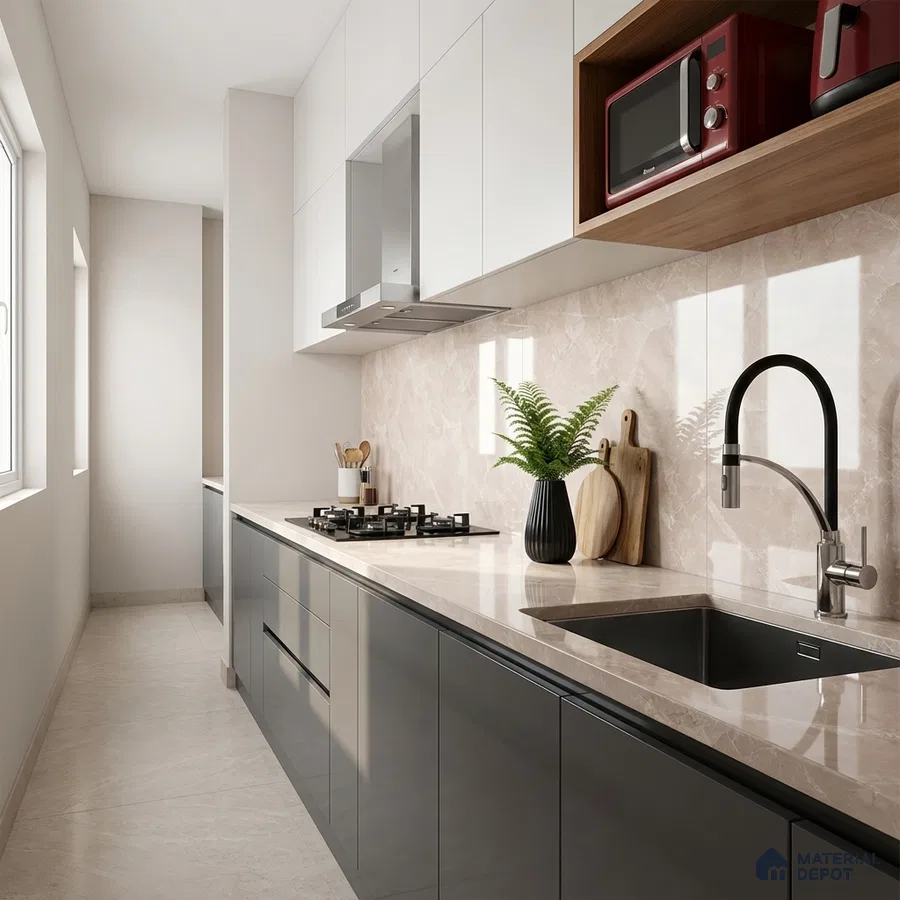 Modern parallel kitchen with glossy grey laminate, frosty white laminate, and beige marble backsplash