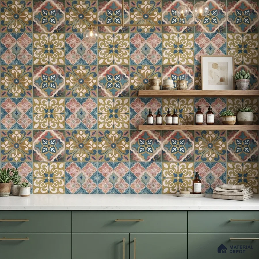 Mediterranean kitchen with patterned moroccan wall tiles and sage green laminate cabinets