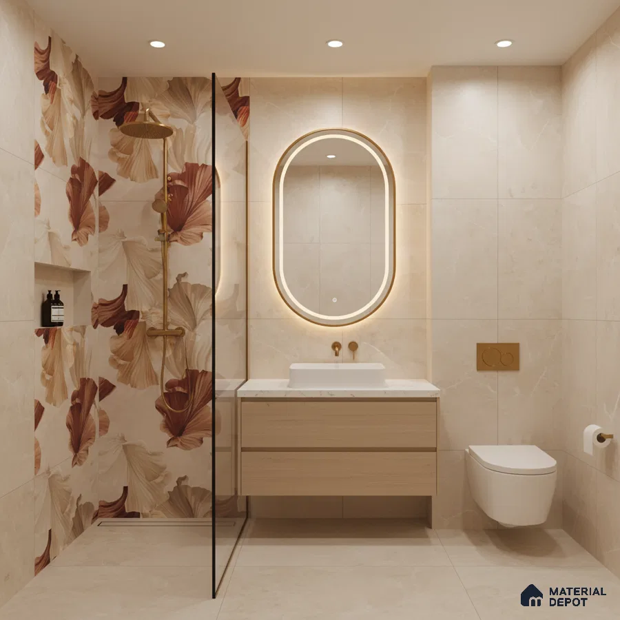 Modern bathroom with beige marble-look tiles and floral highlighter wall tiles