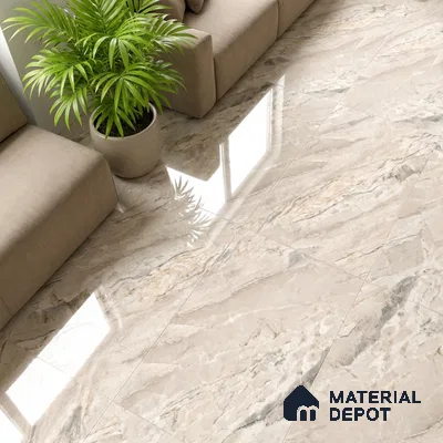 Modern living room with beige marble-look polished floor tiles and neutral fabric sofa