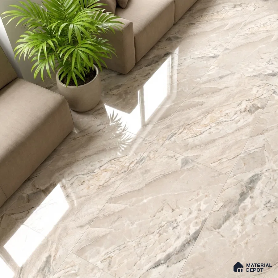 Modern living room with beige marble-look polished floor tiles and neutral fabric sofa