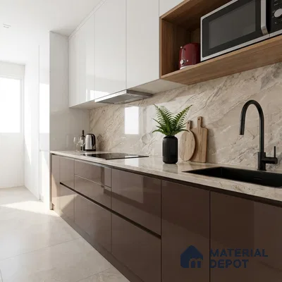 Modern kitchen with glossy brown laminate, frosty white laminate, and beige marble backsplash
