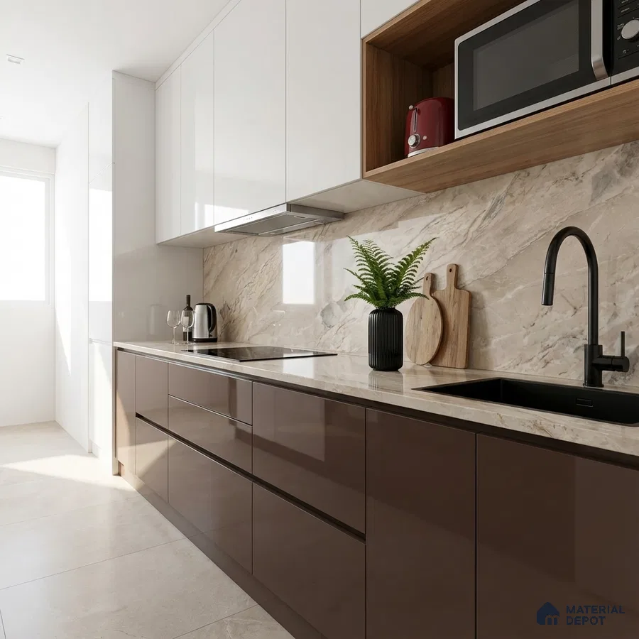 Modern kitchen with glossy brown laminate, frosty white laminate, and beige marble backsplash