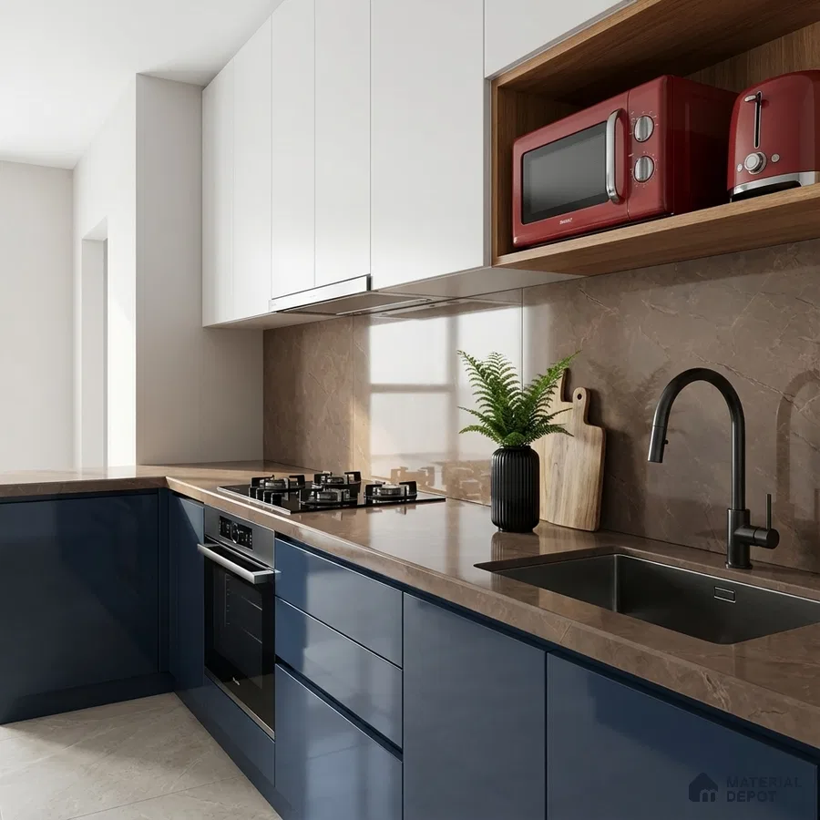 Modern dual tone kitchen with glossy navy blue laminate, frosty white laminate, and brown quartz countertop