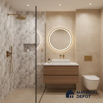 Modern bathroom with beige stone tiles, floral patterned wall tile, and wood finish floating vanity