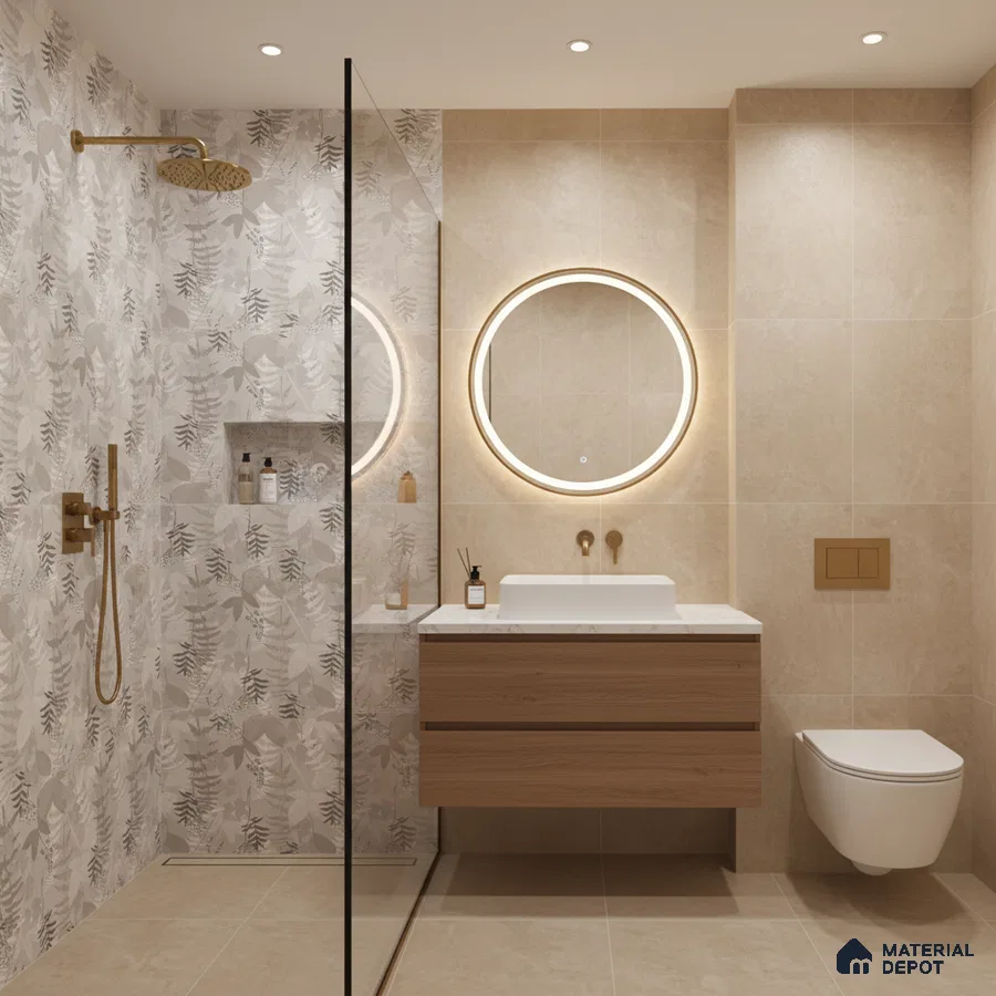 Modern bathroom with beige stone tiles, floral patterned wall tile, and wood finish floating vanity