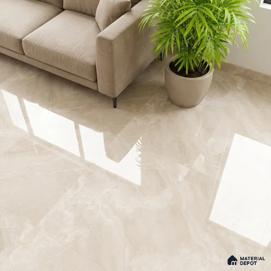 Modern living room with beige marble-look glossy floor tiles and taupe fabric sofa