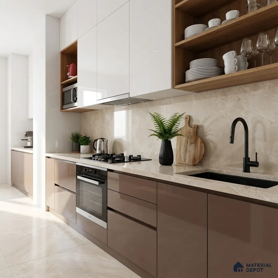 Modern kitchen with glossy taupe laminate, white high gloss laminate, and beige marble backsplash