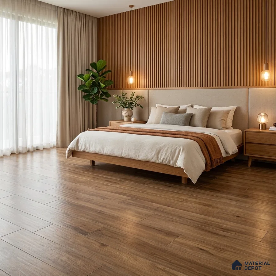 Scandinavian bedroom with oak wood louver wall panels and natural wood plank flooring