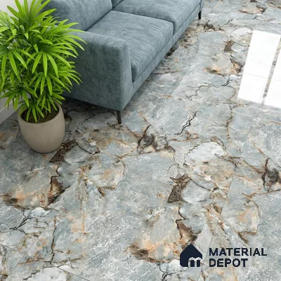 Modern living room with blue-grey marble-look floor tiles and suede upholstered sofa