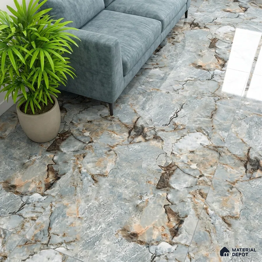 Modern living room with blue-grey marble-look floor tiles and suede upholstered sofa