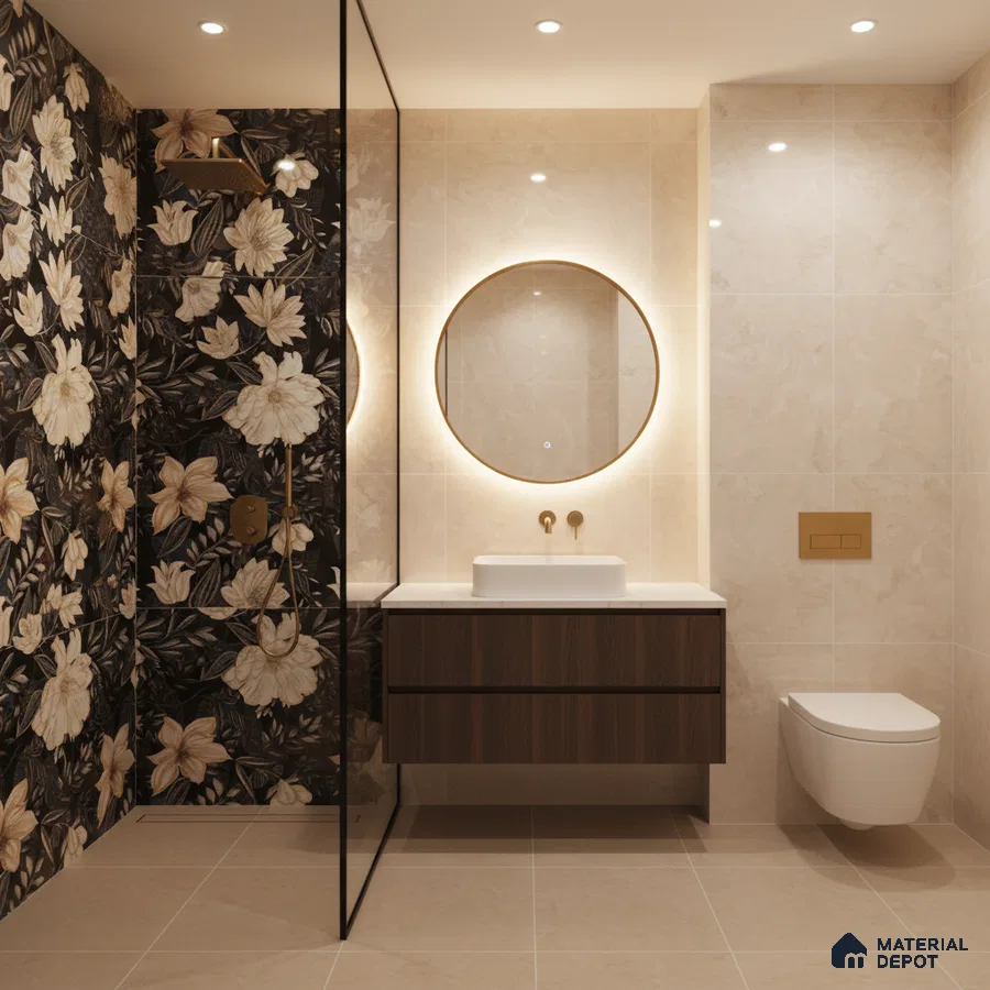 Modern bathroom with floral highlighter wall tile, beige marble-look wall tile, and walnut wood vanity