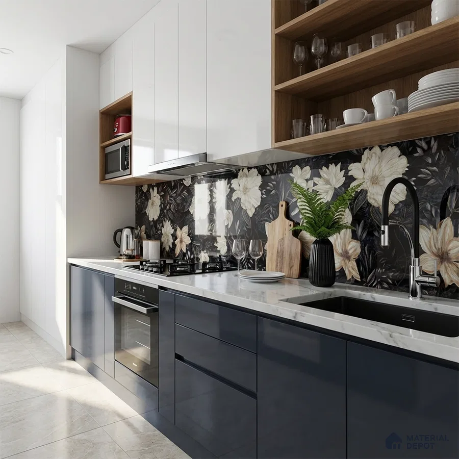 Modern kitchen with floral high gloss backsplash tile, navy blue laminate, and white quartz countertop