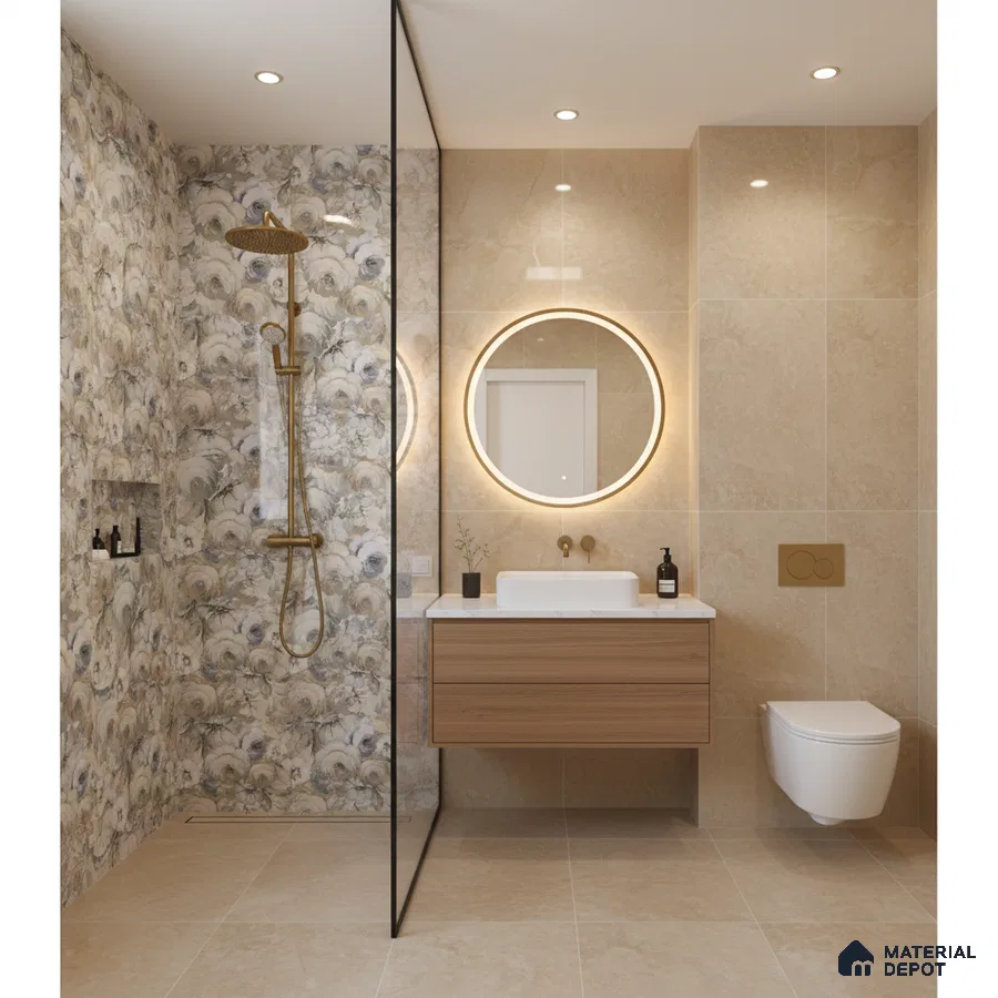 Modern bathroom with beige marble-look tiles, floral highlighter wall tile, and wood vanity
