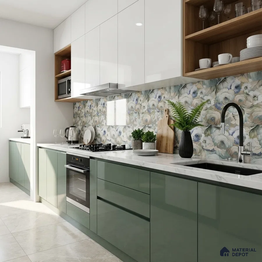 Modern kitchen with sage green high gloss laminate, white quartz countertop, and floral patterned backsplash tile