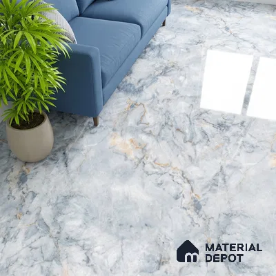 Modern living room with blue sofa and glossy white marble floor tiles with gold and grey veins