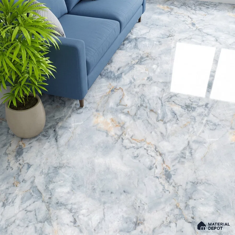 Modern living room with blue sofa and glossy white marble floor tiles with gold and grey veins