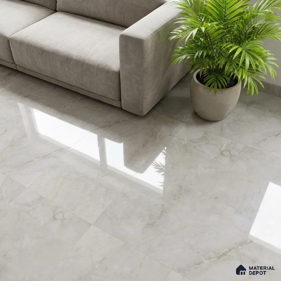 Modern living room with polished marble-look floor tiles and beige fabric sofa