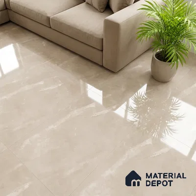 Modern living room with beige marble-look glossy floor tiles and neutral fabric sofa