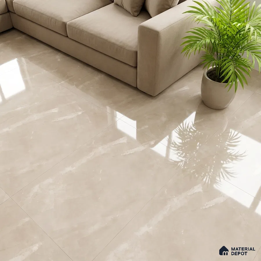 Modern living room with beige marble-look glossy floor tiles and neutral fabric sofa