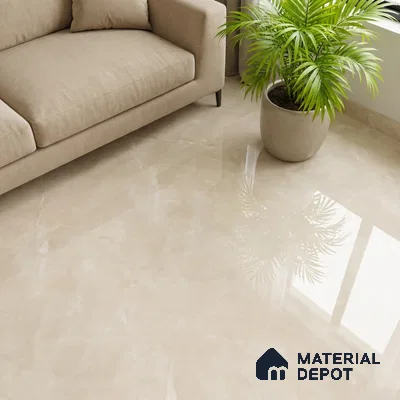Modern living room with beige marble-look glossy floor tiles and neutral fabric sofa