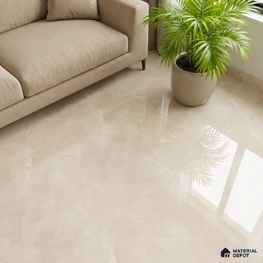 Modern living room with beige marble-look glossy floor tiles and neutral fabric sofa