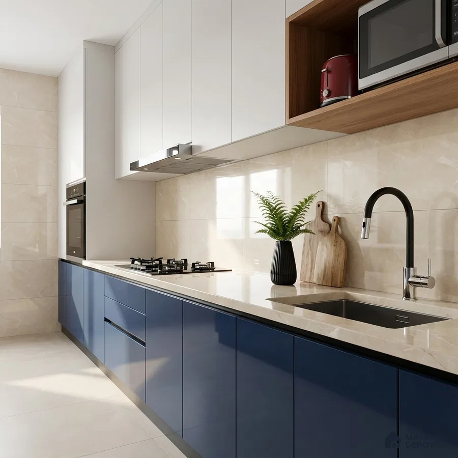 Modern dual tone kitchen with navy blue and frosty white laminate, beige marble-look backsplash and countertop