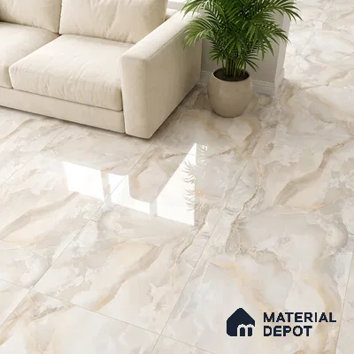 Modern living room with beige marble-look glossy floor tiles and cream fabric sofa