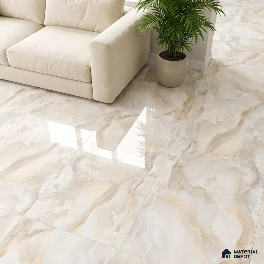 Modern living room with beige marble-look glossy floor tiles and cream fabric sofa