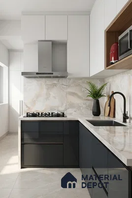Modern kitchen with high gloss black laminate, frosty white laminate, and beige marble-look backsplash tile