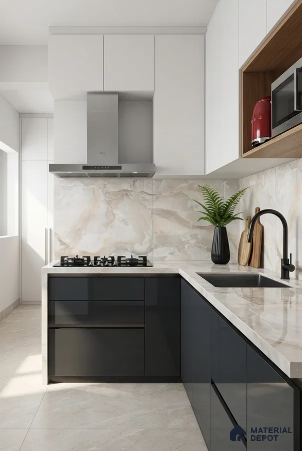 Modern kitchen with high gloss black laminate, frosty white laminate, and beige marble-look backsplash tile