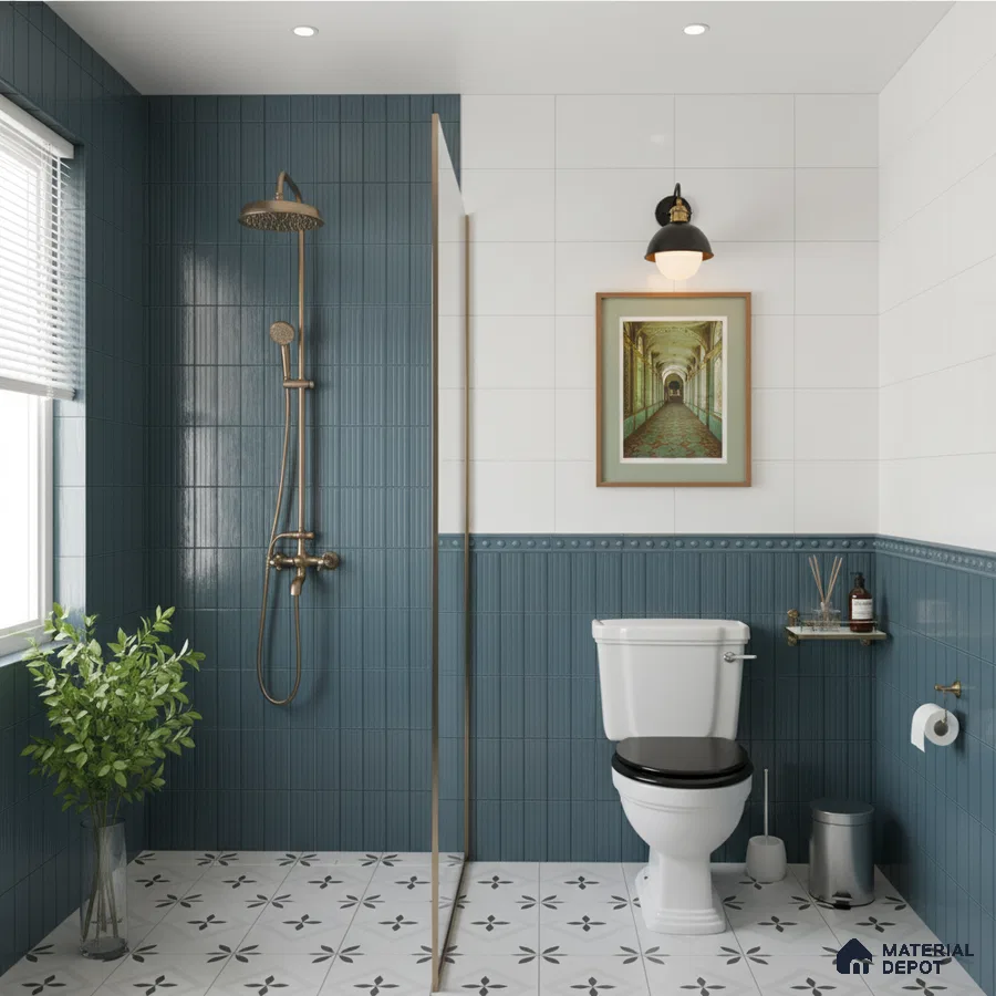 Modern kitchen with matte blue laminate cabinets, white quartz countertop, and blue fluted subway backsplash tile
