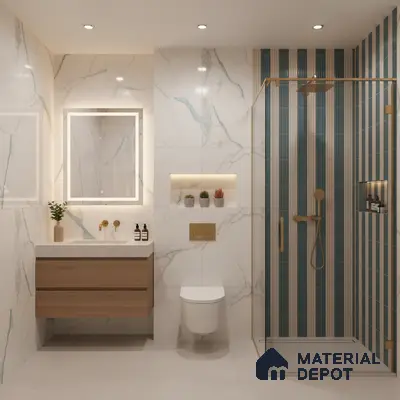 Modern bathroom with marble-look wall tiles, blue striped shower tiles, and floating wood vanity