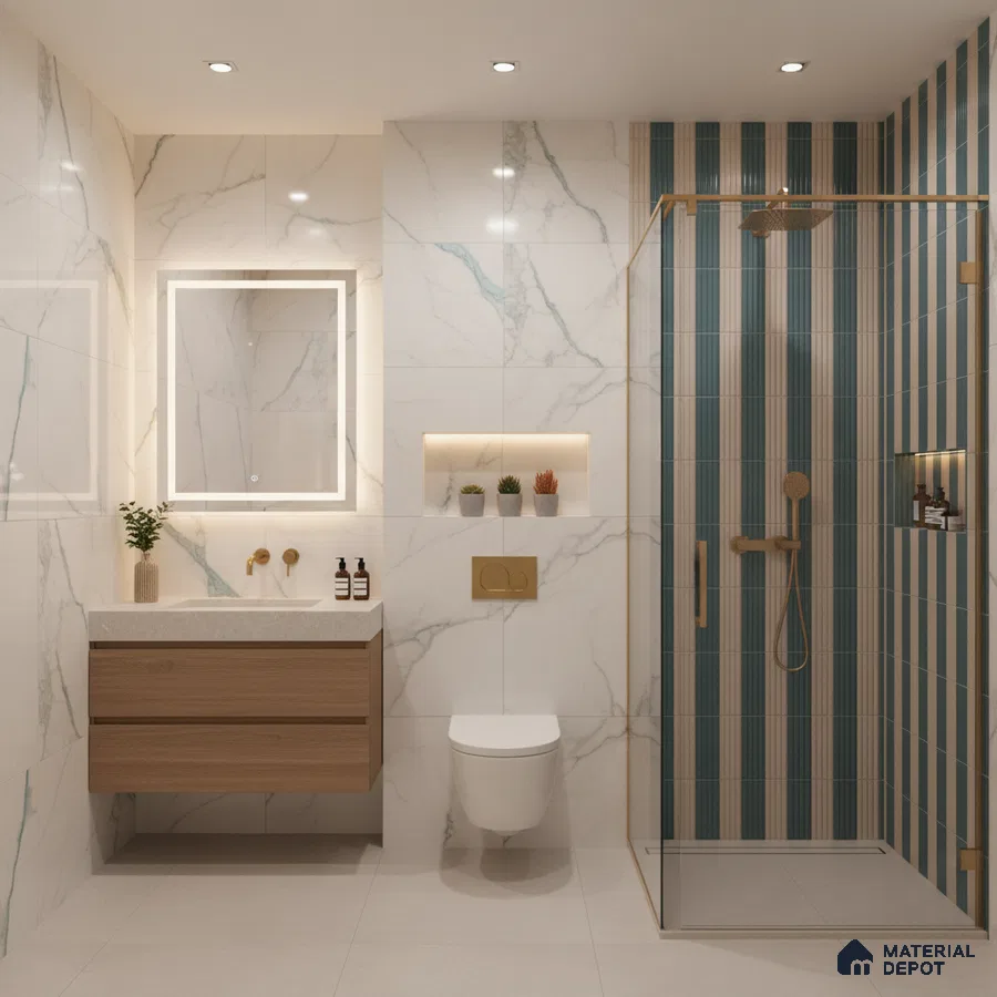 Modern bathroom with marble-look wall tiles, blue striped shower tiles, and floating wood vanity