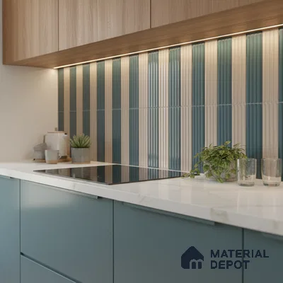 Modern kitchen with teal base cabinets, white marble-look quartz countertop, and fluted blue-beige kitkat backsplash tiles
