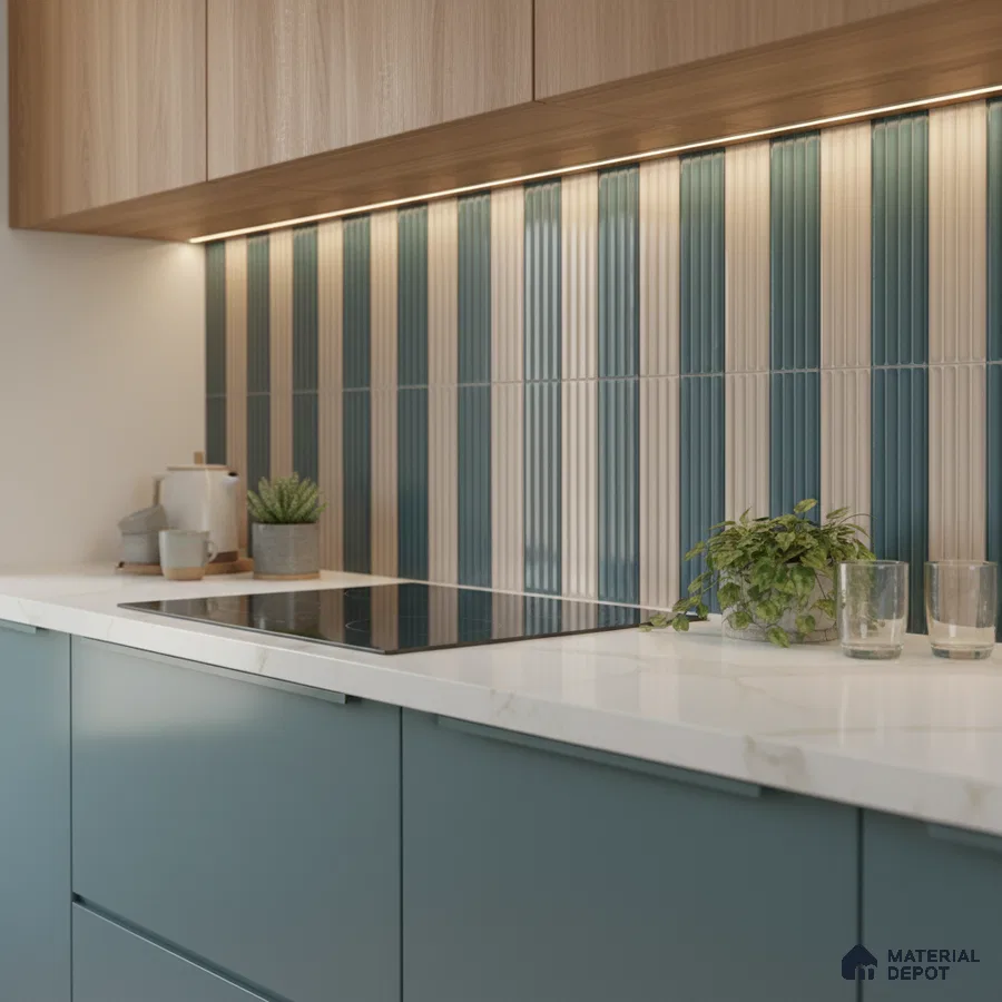 Modern kitchen with teal base cabinets, white marble-look quartz countertop, and fluted blue-beige kitkat backsplash tiles