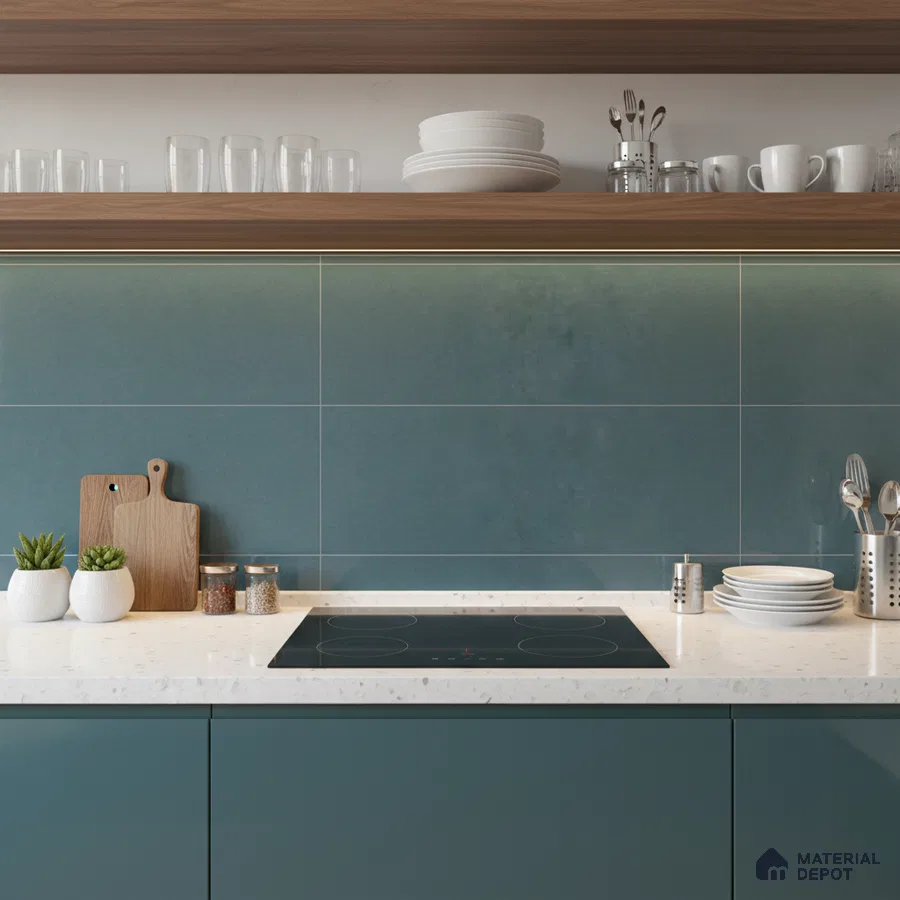 Modern kitchen with teal blue laminate cabinets, white quartz countertop, and teal blue backsplash tile