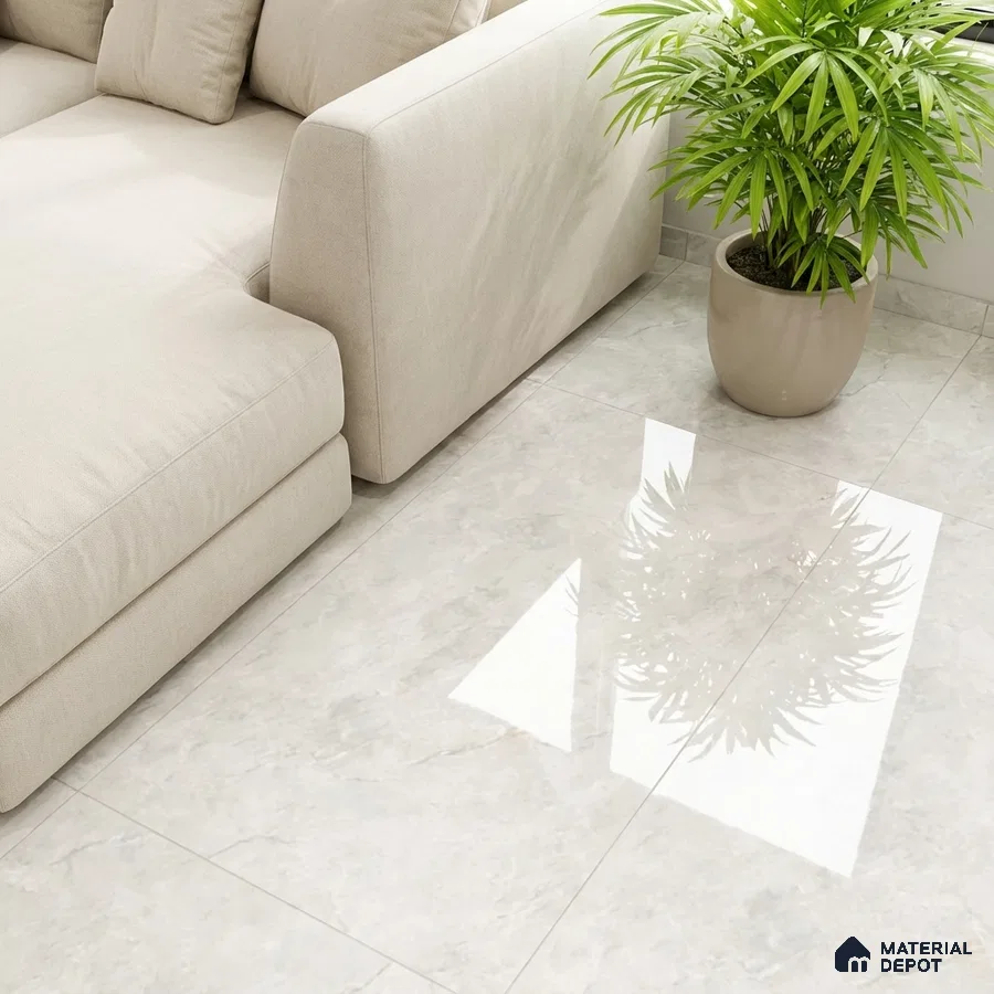 Minimalist living room with beige fabric sofa and glossy marble-look floor tiles