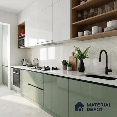 Modern dual tone kitchen with sage green and frosty white laminate, white marble backsplash, and quartz countertop
