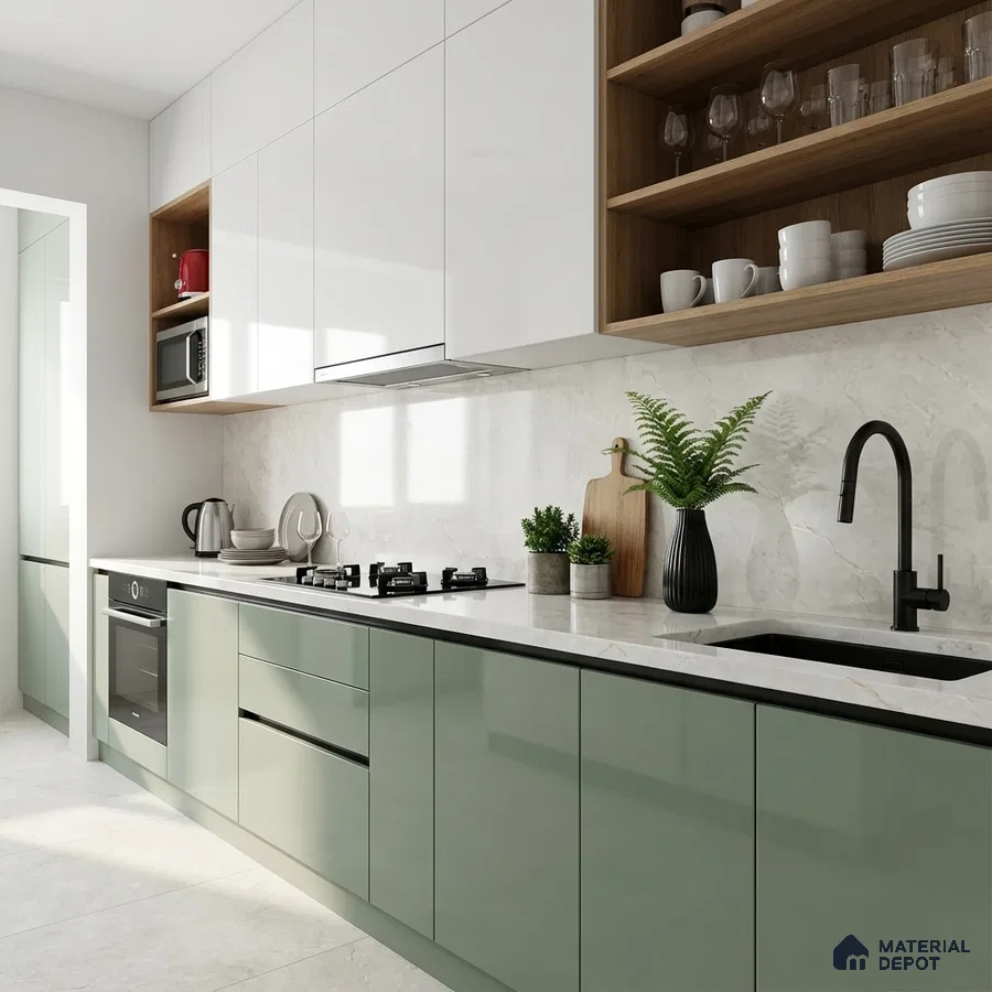 Modern dual tone kitchen with sage green and frosty white laminate, white marble backsplash, and quartz countertop