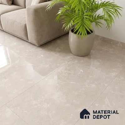 Modern living room with beige marble-look glossy floor tiles and taupe suede sofa