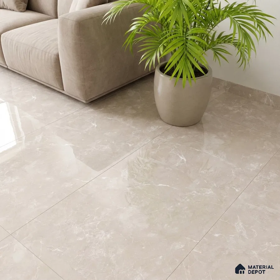 Modern living room with beige marble-look glossy floor tiles and taupe suede sofa