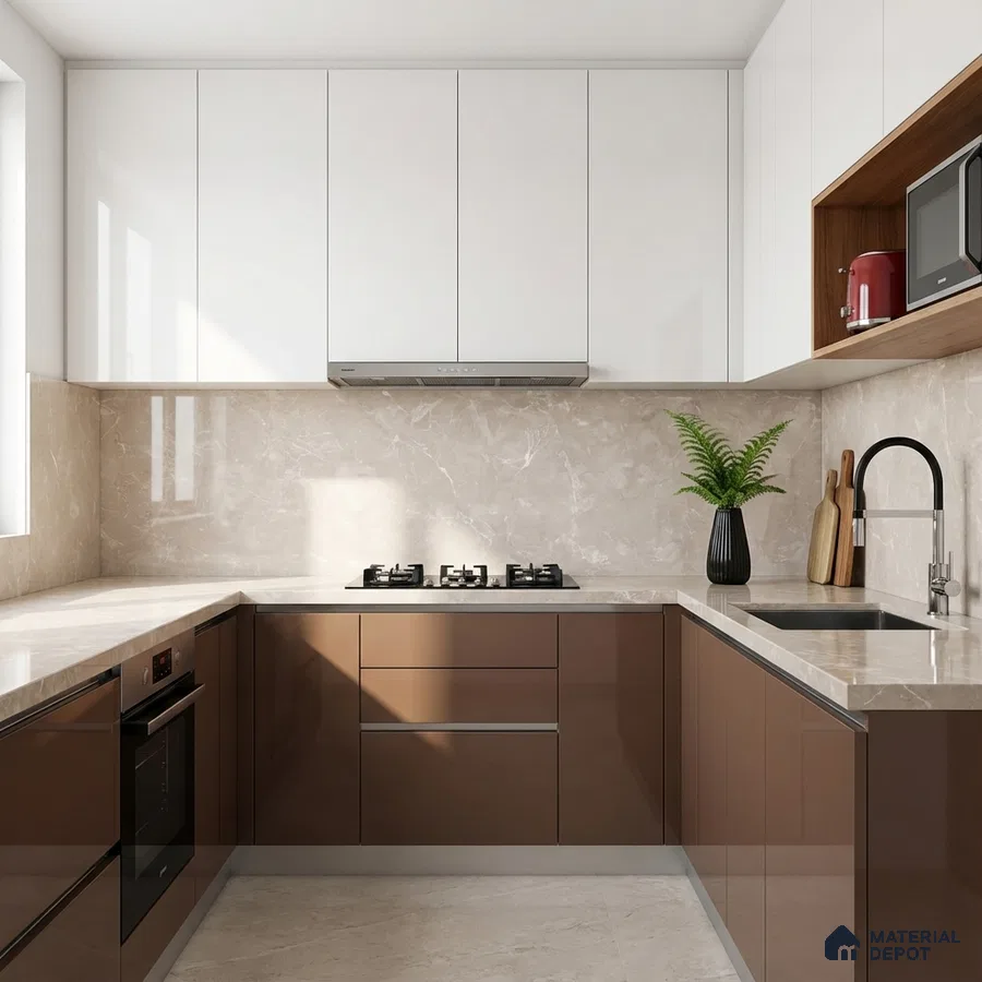 Modern U-shaped kitchen with glossy brown and frosty white laminate, beige marble backsplash and countertop