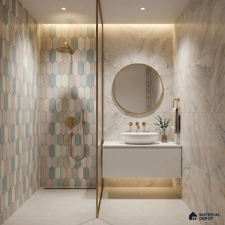Modern bathroom with pastel geometric wall tiles and marble-look wall tiles
