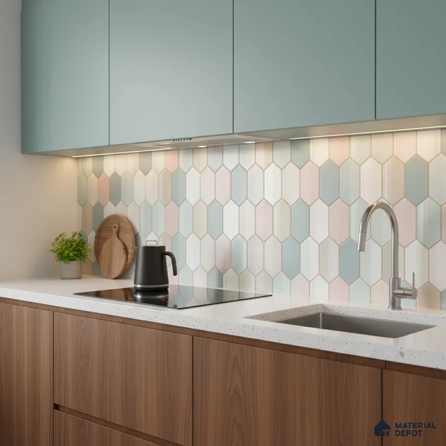 Scandinavian kitchen with pastel blue laminate, walnut wood base cabinets, and pastel geometric backsplash tile