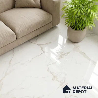 Modern living room with beige sofa and polished white marble floor tiles