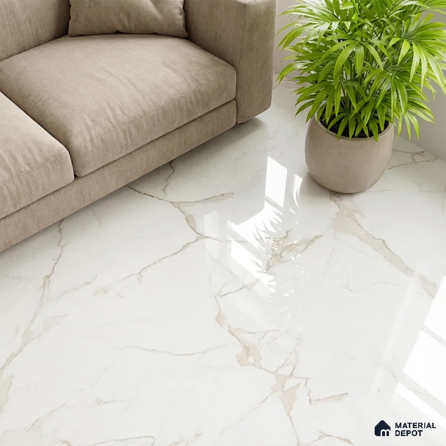 Modern living room with beige sofa and polished white marble floor tiles